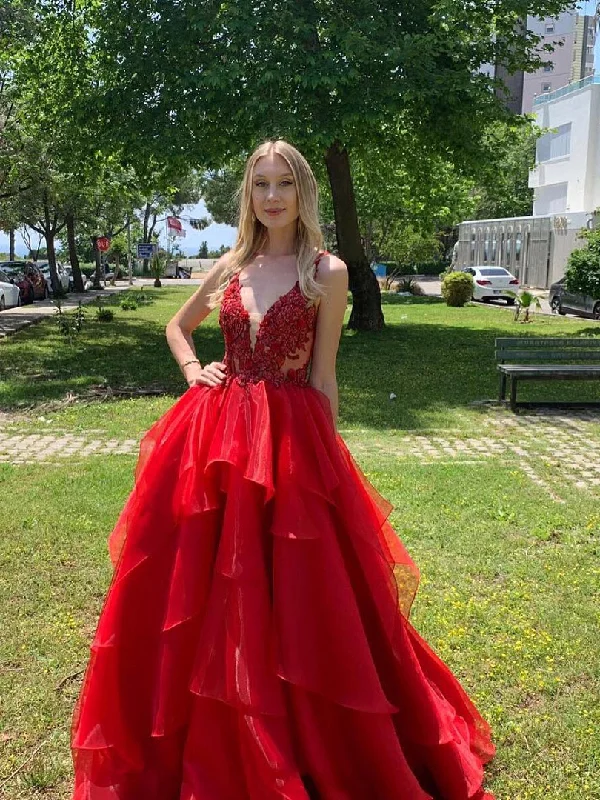 prom dress style guidesDeep V-neck Red Organza Lace Prom Dresses, New Arrival Prom Dresses, Long Prom Dresses