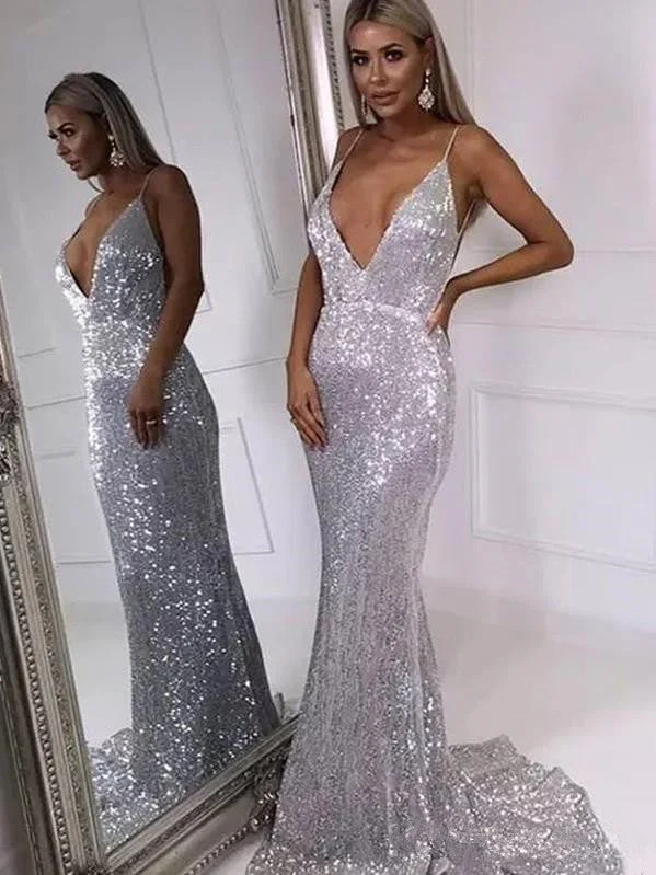 metallic prom dressesDeep V-neck Silver Sequin Long Mermaid Prom Dresses, Newest Sexy Prom Dresses