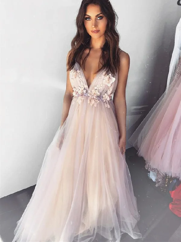 backless prom dressesDeep V-neck Tulle Apppliques Prom Dresses, Long Prom Dresses, Popular Prom Dresses