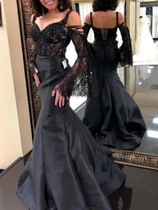 geometric print prom dressesElegant Black Lace Long Prom Dresses, Mermaid Newest Prom Dresses