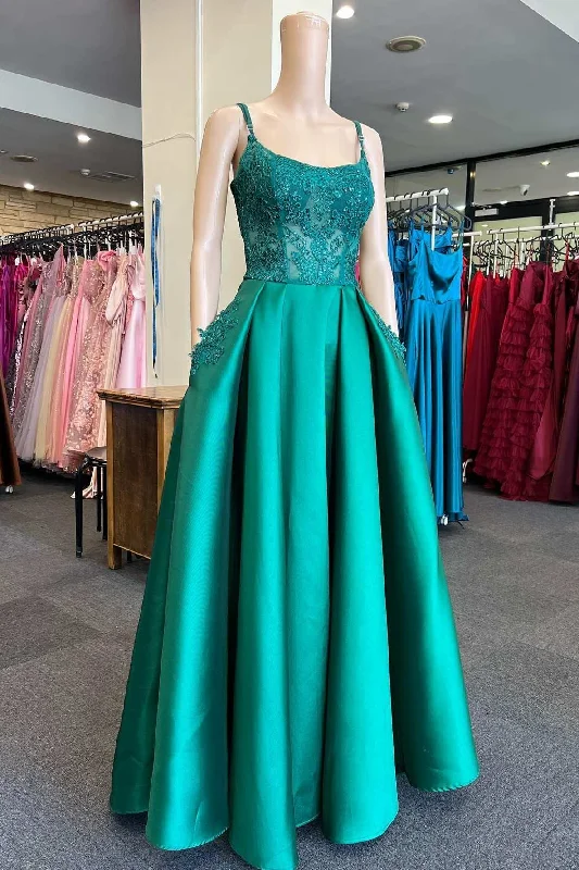 lace-up prom dressesEmerald Green Scoop Neck A-Line Prom Dress with Pockets