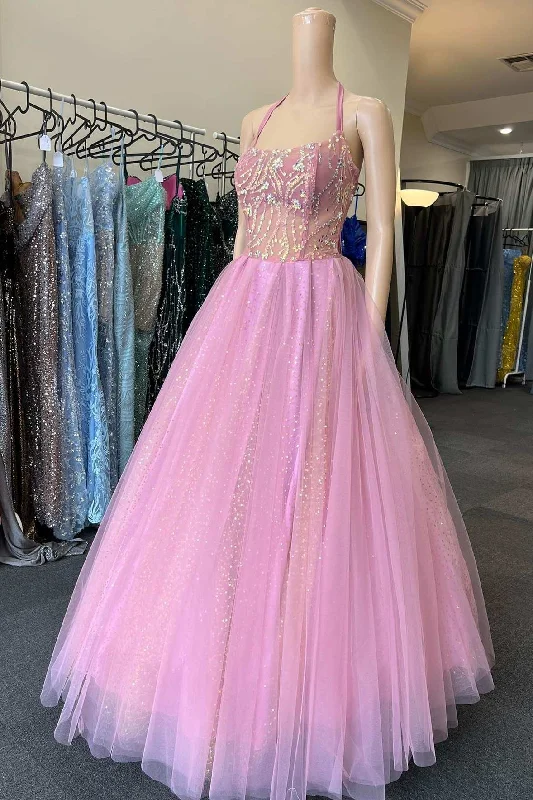 off-shoulder prom dressesFairy-Tale Pink Halter A-Line Prom Gown