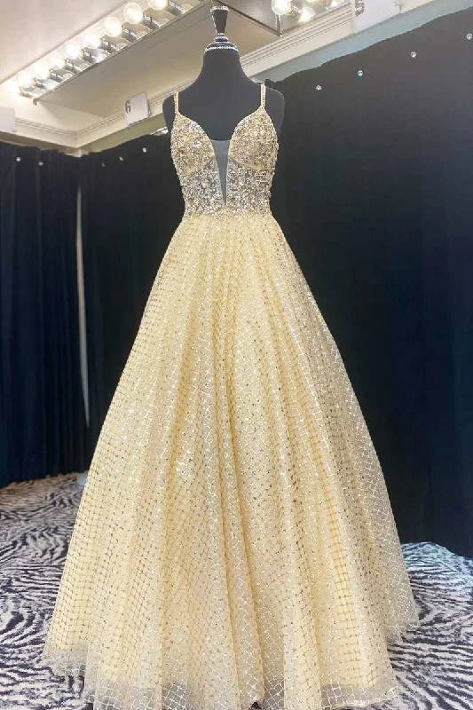 ready-to-wear prom dressesFairy-Tale Yellow Beaded Plunge Neck A-Line Prom Gown