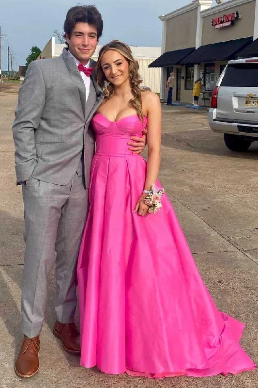 off-the-shoulder prom dressesFuchsia Strapless Satin Sweeping Long Prom Dress