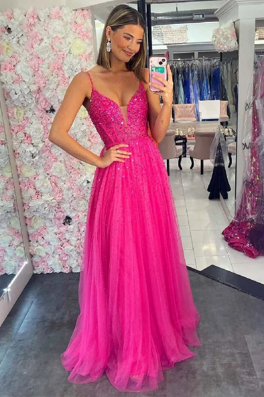 elegant prom dressesFuchsia Tulle Beaded V-Neck A-Line Prom Dress