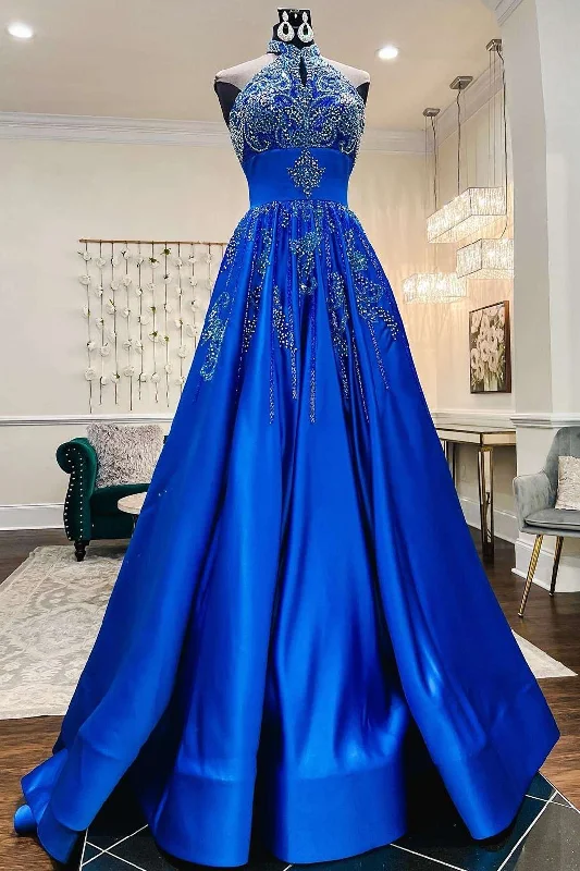 modern prom dressesGlamorous Royal Blue Satin Beaded Halter A-Line Prom Gown