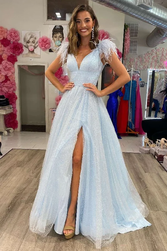 flutter sleeve prom dressesGlitter Light Blue Sequin V-Neck A-Line Feathers Prom Dress