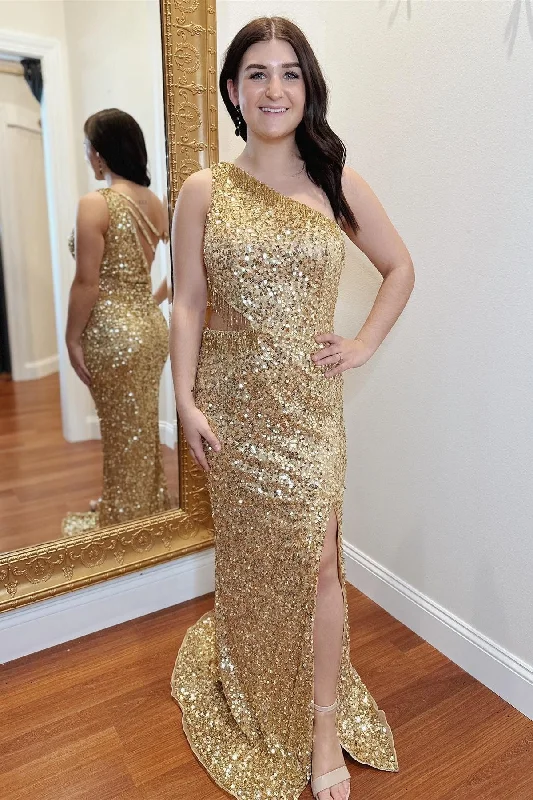 sparkly prom dressesGold Sequin Fringes One-Shoulder Cutout Long Prom Dress with Slit