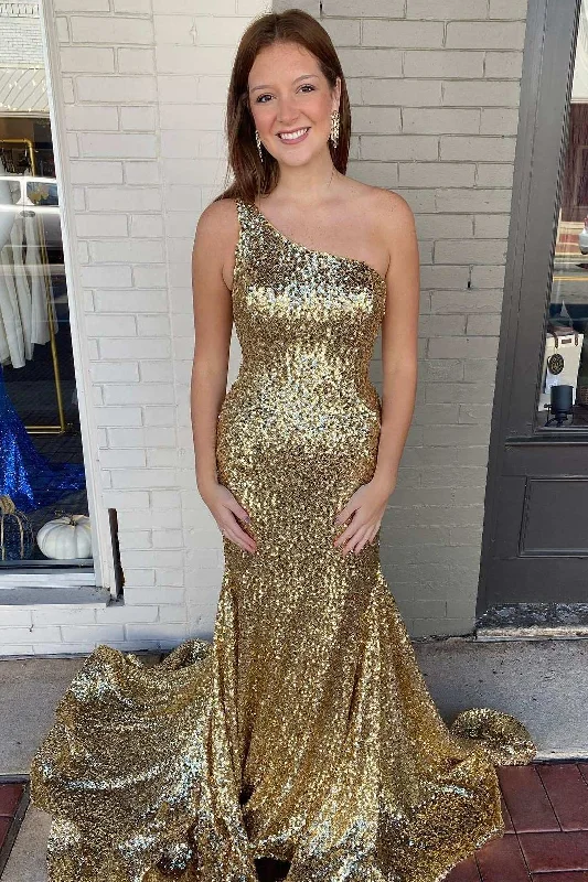 elegant prom dressesGold Sequin One-Shoulder Trumpet Long Prom Dress