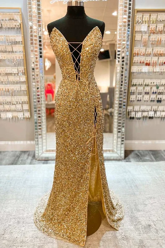 flowy prom dressesGold Sequin Strapless Lace-Up Front Long Prom Dress with Slit