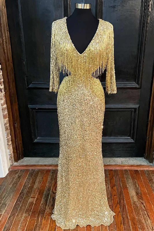 chiffon prom dressesGold Sequin V-Neck Half Sleeve Fringes Long Prom Dress