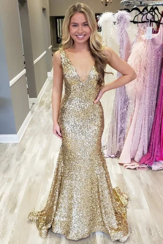 prom dress preservationGold Sequin V-Neck Trumpet Long Prom Dress