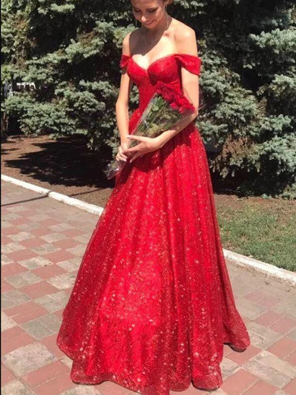 petite prom dressesGorgeous A-line Sequins Long Prom Dresses, Off Shoulder Red 2021 Prom Dresses