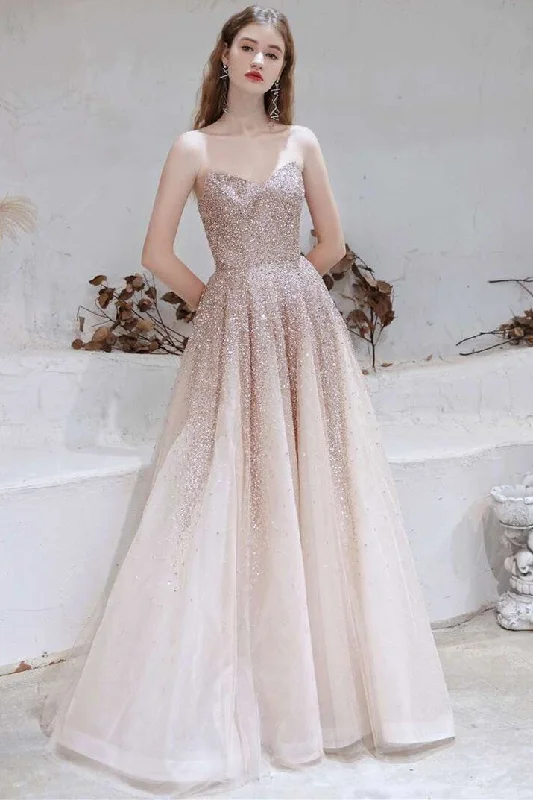 fitted prom dressesGradient Rose Gold Tulle Strapless Prom Gown with Cape