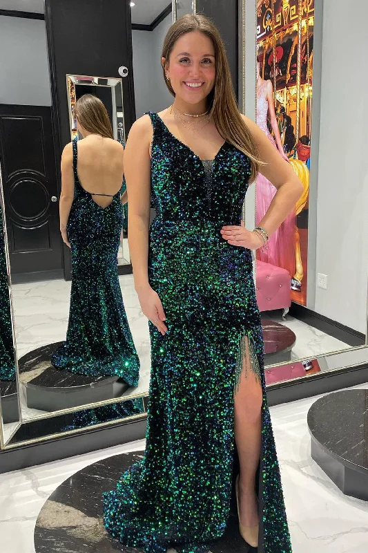 off-shoulder prom dressesGreen Iridescent Sequin Plunge V Backless Mermaid Long Prom Dress with Tassel