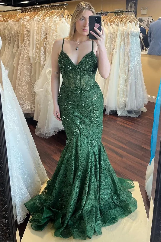 illusion sleeve prom dressesGreen Lace Beaded Sweetheart Trumpet Long Prom Gown