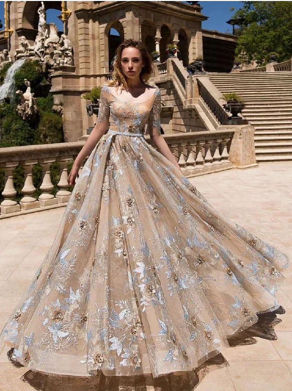 lace-up prom dressesHalf Sleeves Lace Prom Dresses, A-line Prom Dresses, 2021 Prom Dresses, Cheap Prom Dresses