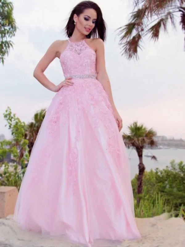 backless prom dressesHalter Long A-line Pink Lace Beaded Waist Prom Dresses, Popular 2021 Prom Dresses