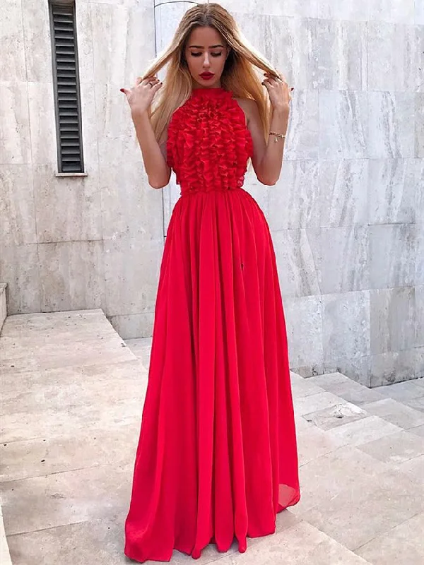 lace-up prom dressesHalter Red Chiffon Prom Dresses, Ruffled Prom Dresses, Long Prom Dresses, Newest Prom Dresses