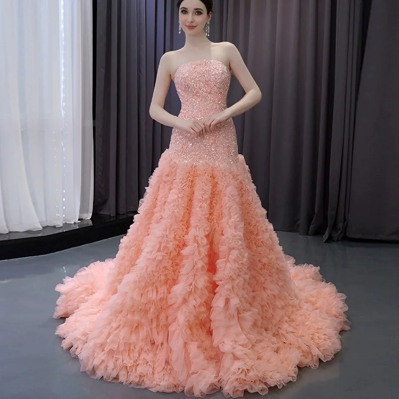 prom dresses for fallHigh-end Handmade Ruffles Prom Dress Strapless Formal Gown