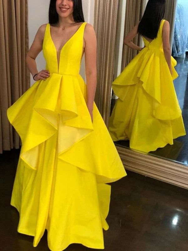 ready-to-wear prom dressesHigh Low V-neck Layered Long Prom Dresses, A-line Yellow Elegant Prom Dresses