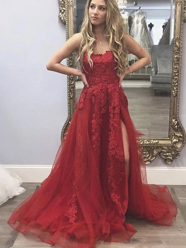 prom dresses with beaded accentsHigh Side Slit Burgundy Long Prom Dresses, Lace Floral A-line 2021 Prom Dresses