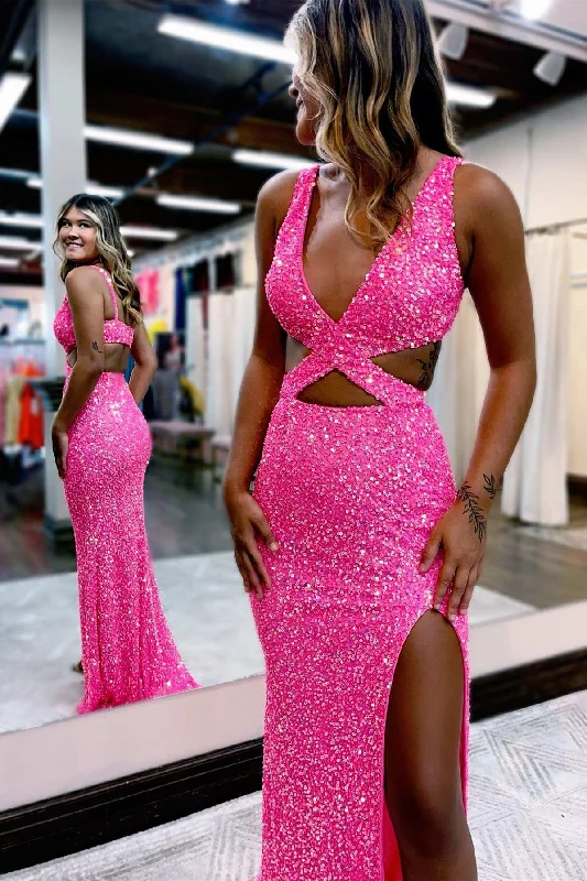 sleeveless prom dressesHot Pink Sequin Cross-Front Cutout Long Prom Dress with Slit