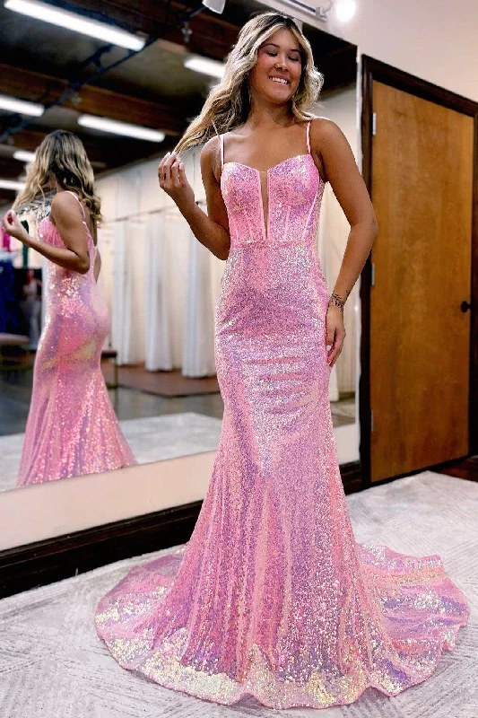 A-line prom dressesIridescent Pink Scoop Neck Straps Trumpet Long Prom Dress