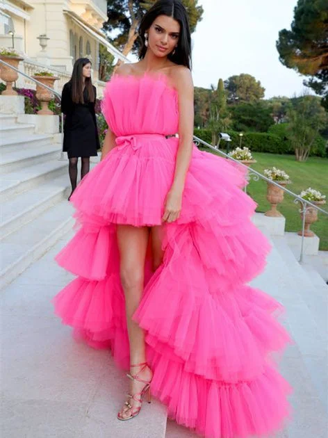 prom dresses for fallKendall Jenner Inspired Hot Pink Tulle Prom Dresses, Detachable Tulle Skirt Prom Dresses, Long Prom Dresses, 2021 Prom Dresses