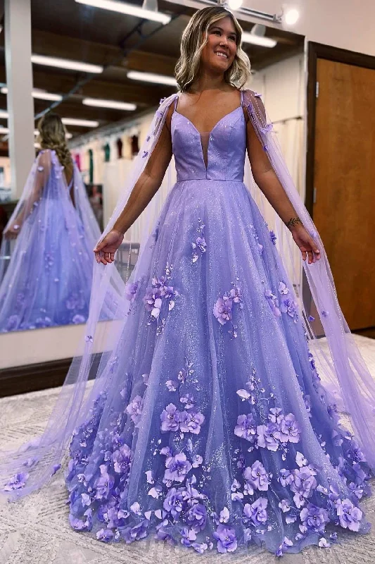 long prom dressesLavender 3D Floral Lace A-Line Prom Dress with Cape Sleeves