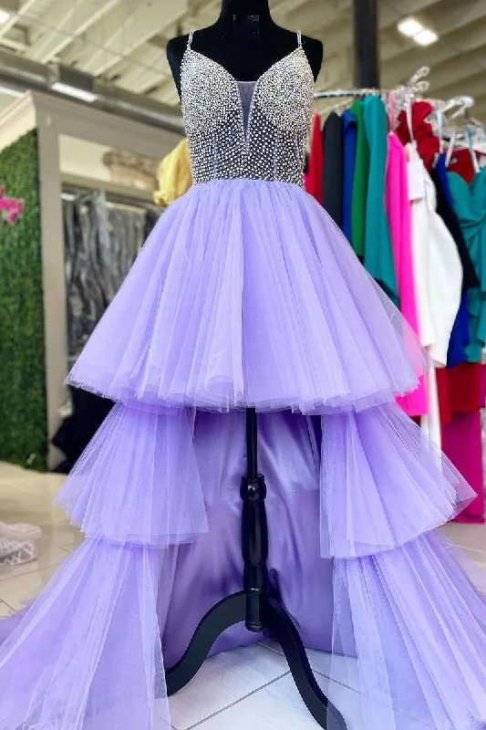 custom prom dressesLavender Beaded High-Low Tiered Long Prom Dress