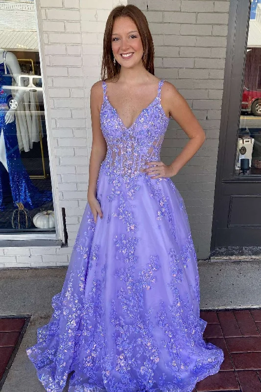 sweetheart neckline prom dressesLavender Floral Lace V-Neck A-Line Prom Gown