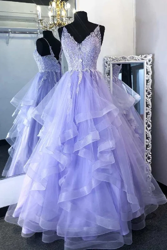 glamorous prom dressesLavender Lace Tulle V-Neck A-Line Tiered Prom Dress