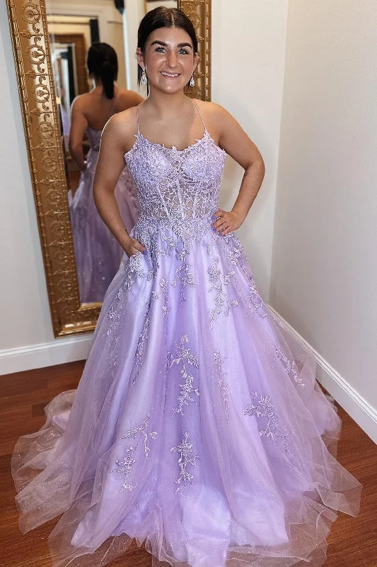 prom dresses for curve-hugging figuresLavender Tulle Applique Lace-Up Back A-Line Prom Dress