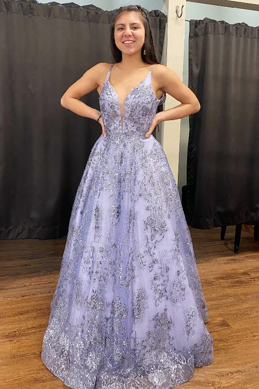 prom dress try-on ideasLavender Tulle Sequin Plunge V A-Line Long Prom Dress