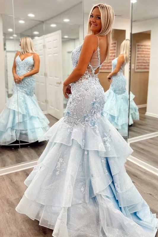 short prom dressesLight Blue 3D Floral Lace Tiered Trumpet Long Prom Dress