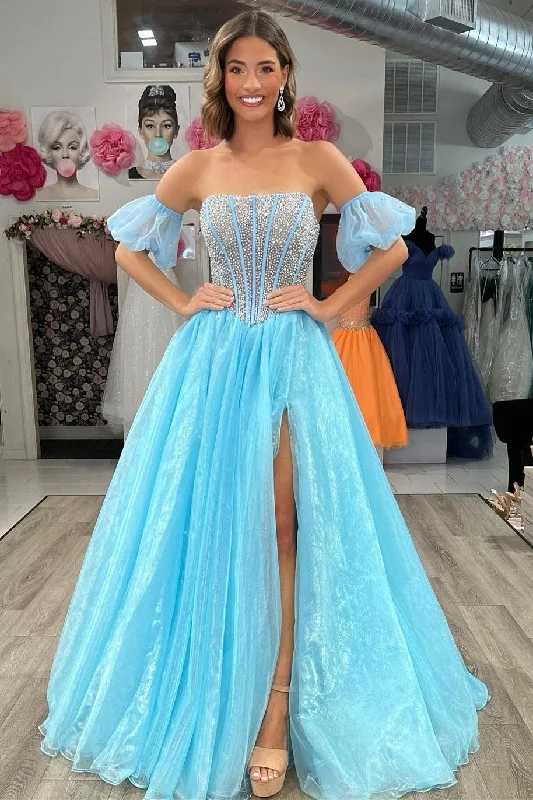 prom dress style guidesLight Blue Beaded Strapless A-Line Long Prom Dress with Slit