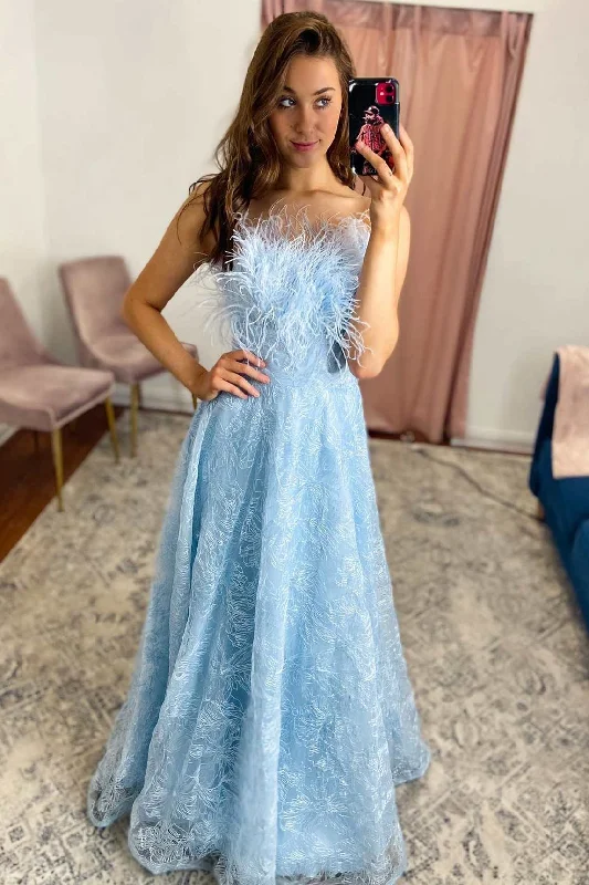 off-the-shoulder prom dressesLight Blue Feathers Lace Strapless A-Line Prom Dress