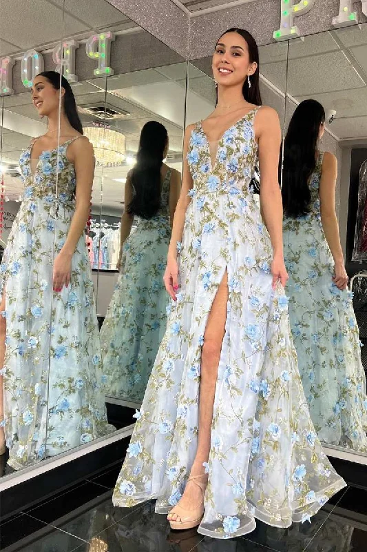 off-shoulder prom dressesLight Blue Organza Plunge V A-Line Long Prom Dress with 3D Floral Lace