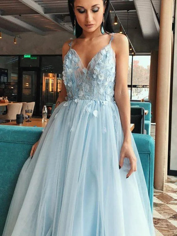 pastel prom dressesLight Blue Spaghetti Straps Long Prom Dresses, Appliques Elegant 2021 Prom Dresses