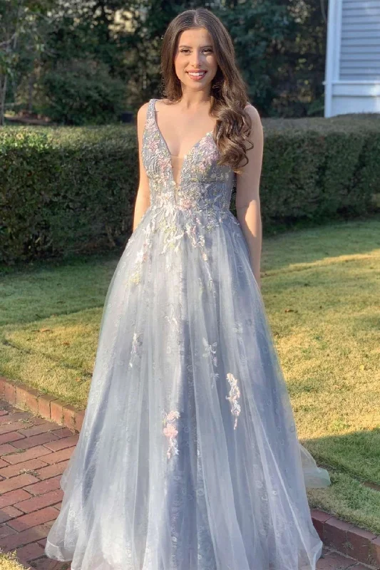 prom dresses with trainsLight Gray Tulle Appliques V-Neck A-Line Long Prom Gown