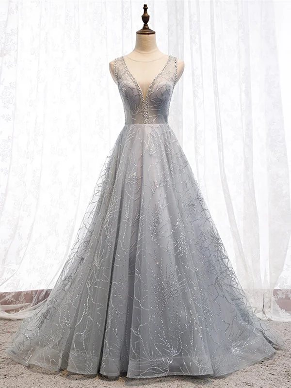 illusion sleeve prom dressesLight Grey Sequin Tulle Elegant Long Prom Dresses, A-line 2021 Prom Dresses, Beaded Prom Dresses