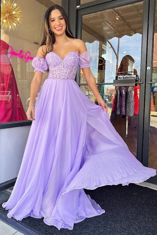 prom dresses for short girlsLilac Chiffon Applique Sweetheart A-Line Prom Dress with Puff Sleeves