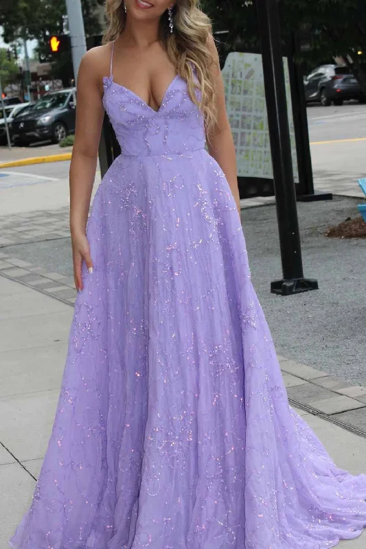 sequined prom dressesLilac Spaghetti Straps V-Neck Appliques Tulle  Long Prom Dress