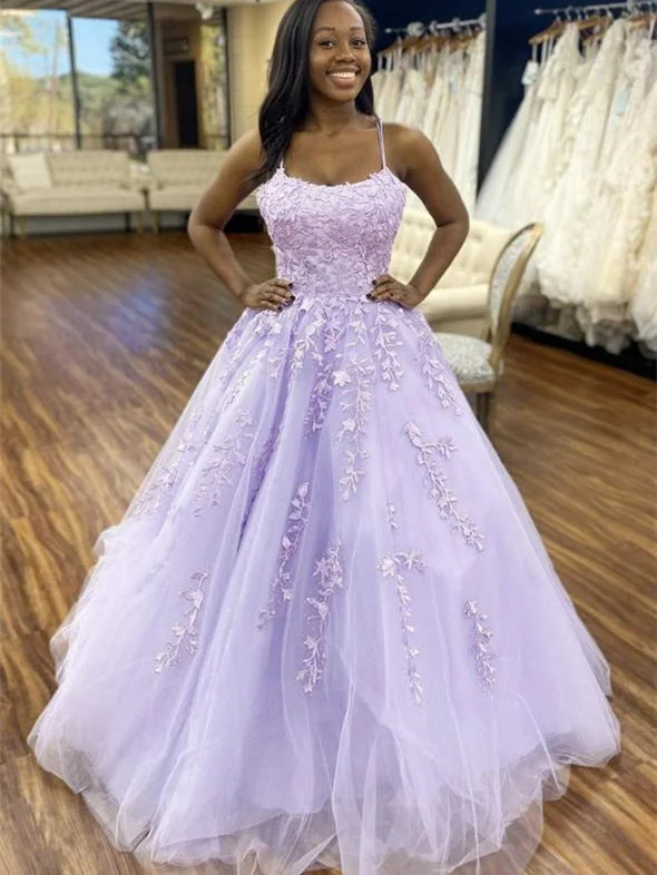 open-back prom dressesLong A-line Lilac Lace Tulle Prom Dresses, Popular Lace Prom Dresses, Long Prom Dresses