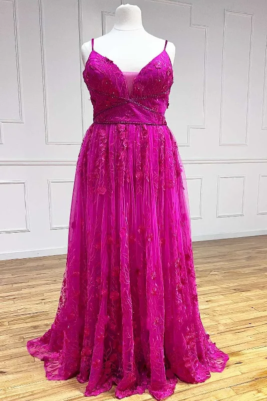 long prom dressesMagenta Floral Lave V-Neck A-Line Prom Dress