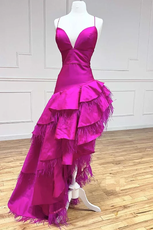 backless prom dressesMagenta Satin Feather V-Neck High-Low Prom Dress