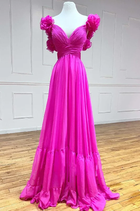 illusion neckline prom dressesMagenta Chiffon Lace-Up Ruffle Belted A-Line Prom Dress