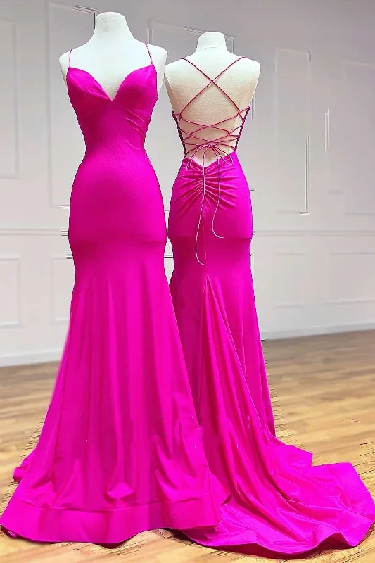 high-low prom dressesMagenta V-Neck Lace-Up Back Trumpet Long Prom Dress