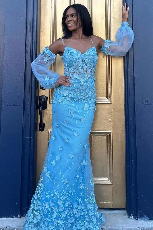 prom dress shopping tipsMermaid Blue Spaghetti Straps Lace Appliques Long Prom Dress with Sleeves